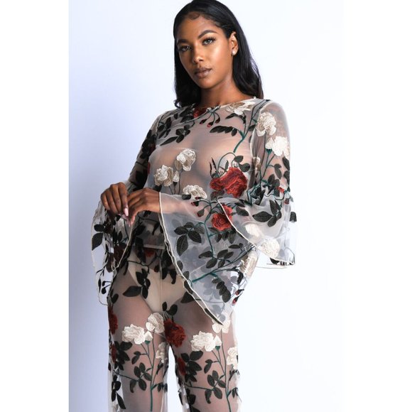 Women's Rose embroidered Outfit Casual Set Flared Long Sleeve 2 Piece Set - Picture 3 of 12